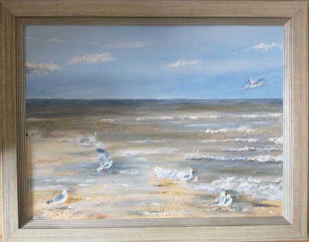 Zee met meeuwen,olieverf,94x74,2023 Verkocht